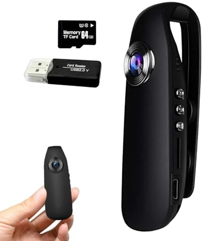 SHPTDJTIC Mini caméras corporelles avec enregistrement audio et vidéo HD 1080p avec détection de mouvement, vision nocturne, carte TF 64 Go, autonomie de la batterie, caméra espion, caméra pour