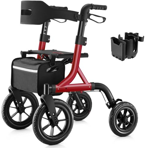 MAXWALK deambulateur 4 roues pliable leger，pneus caoutchouc non creux de 30 cm tout terrain, frein à câble intégré,aluminium réglable en hauteur,porte-gobelet et panier pour extérieur et voyages