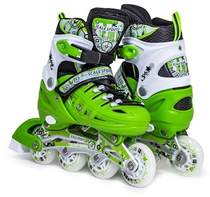 Scale Sports – Verstellbare Rollschuhe mit leuchtenden Rädern für Kinder und Erwachsene – Inline-Rollschuhe für Kinder (grün, UK 5-7 (EU 38-41) L)