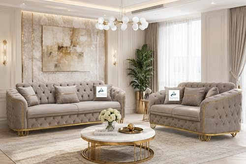 Beige Plush Velvet Sofa, 2 Seater+3 Seater, 5 Seater Couch