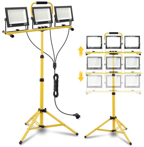Viugreum Faretto da Cantiere Portatile con Treppiede Telescopico 300W, 24000LM Faro LED, Luce Bianca 6500K, Rotazione 360°, IP66 Impermeabile
