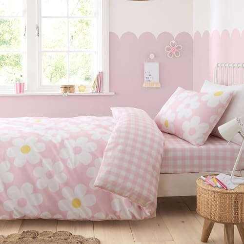 Bedlam - Housse de Couette à Motif Floral Rose - Lit Double (200 x 200 cm) - Motifs réversibles (Vichy) - 2 taies d'oreiller - Parure de lit Rose avec Marguerites - Housse de Couette à Carreaux en