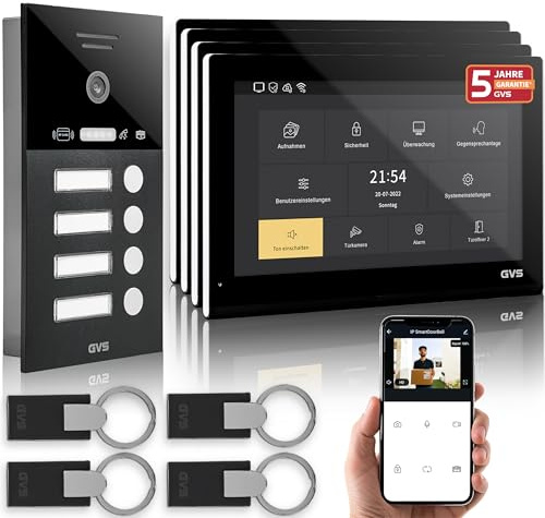 GVS - IP Video Türsprechanlage 4 Familienhaus mit Türöffner (RFID), HD Kamera, 4X 10 Zoll Monitor & App - Smarte Video Türklingel mit Kamera & Gegensprechanlage (AVS5544U)