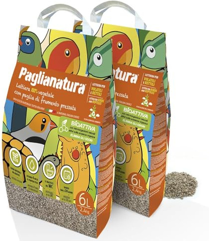 Paglianatura Lettiera Naturale Bioattiva per Volatili e Rettili - Kit 2 Pezzi, 2,4 kg / 6 L - Assorbente, Anti-odore e Biodegradabile