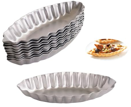 LoveDeal 10PCS Aluminum Boat Tart Pan, Fluted Oval Tart Mold, Small Boat Shape Baking Mold, Wavy Tartlet Pie Pans, Pudding Molds Flower Edge Trays Specialty Design - Silver