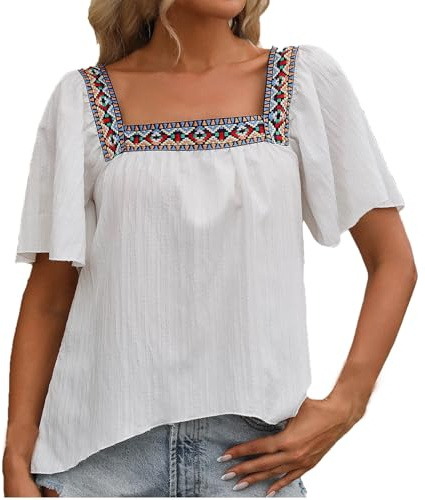 Flodxo Haut bohème pour femme - Chemises d'été bohème brodées élégantes et décontractées - Col carré - T-shirt mexicain à manches courtes - Style hippie paysan - Tunique mignonne - Pull de vacances au