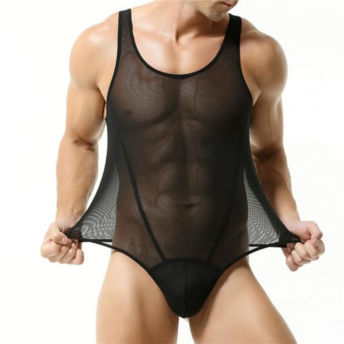 Generisch Bodysuit Shapewear Man, Herren Transparenter Mesh-Body Singlet Unterhemd Jumpsuit Elegant Sexy Einteilige Gewichtheben Für Sommer Bequeme Wrestling Bodysuit Muskelshirt Strampler Ohne Füße