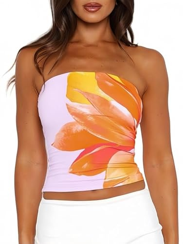 Sukiglam Crop Tops Donna Senza Spalline Tubo Top a Fascia Elegante Stampa Floreale Canotta Estivo Sexy Senza Maniche Y2k T Shirt Estensibile Maglietta Spalle Scoperte Casual Backless Camicette