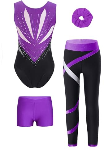Vxuxlje Gymnastikanzug Mädchen Ärmellose Turnanzug Mit Shorts Legging Und Haarbandund Rückenfrei Tanzbody Bodysuit Trainingsanzug Violett 146-152