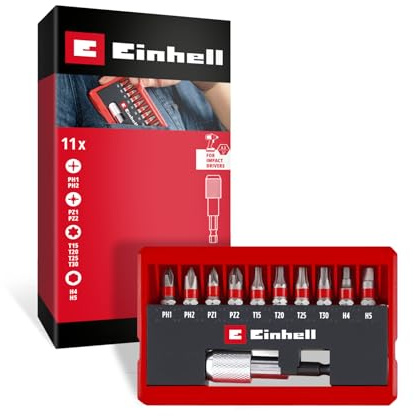 Einhell 11-tlg. Bit-Set, Pocket-Set | PH / PZ / T / H | 25-mm-Bits | sandgestrahlter S2-Stahl | Schnellwechselbithalter| inkl. Kassette mit Aufstellfunktion