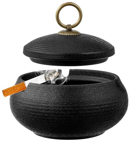 Mexgcom Aschenbecher mit Deckel, Robuster Sturmaschenbecher für Draußen, Windaschenbecher aus Schwarzer Keramik, Ideal für Terrasse, Balkon und Garten, Aschenbecher für den Outdoor Bereich
