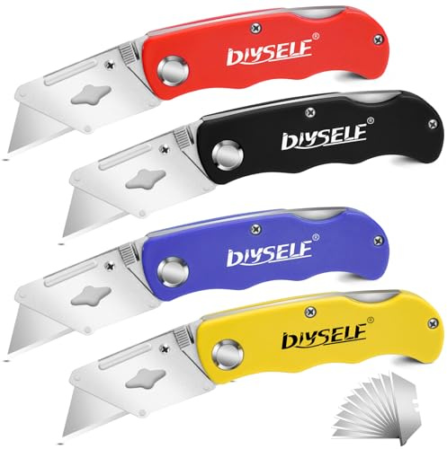 DIYSELF 4er Pack Cuttermesser klappbar, Teppichmesser mit 10 Trapezklingen | Klappmesser, Arbeitsmesser, Universalmesser, Kartonmesser mit Schnellwechsel und Verriegelung; für Teppich, Pappe und Folie