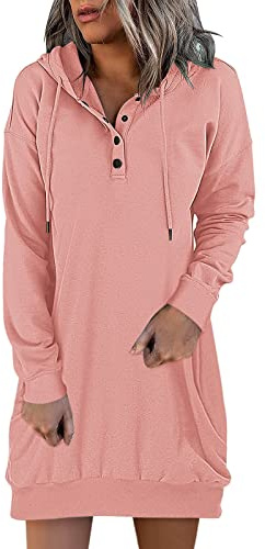 Generisch Robe maxi pour femme - Sweat à manches longues - Pull boutonné avec cordon de serrage - Robe légère - Bordeaux - Longueur genou, Rose, L