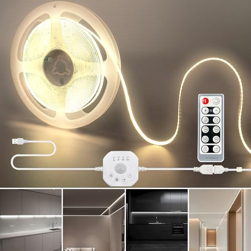 Clearhill 5 V USB COB LED-tejp med rörelsesensor och fjärrkontroll, 16,4 fot/5 m, naturvit 4 000K, 8 mm bredd, 2 ljuslägen dag/natt, justerbar tid och ljusstyrka, för garderob