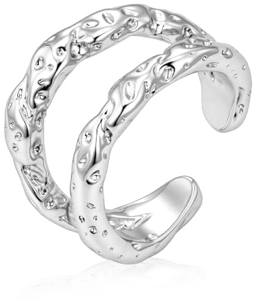 Ringe Damen Gold Silber 925 Verstellbar Stapelbar Ring Layered Vintage | ALEXCRAFT Ringe Damen Gold Silber 925 Verstellbar Offen Layered Vintage Stapelbar Chunky Hammer Breiter Hypoallergen Schmuck