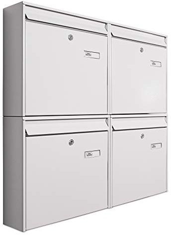 banjado Burg-Wächter Briefkastenanlage - Briefkasten 4 Parteien - Briefkästen Weiß - Postkasten Mehrfamilienhaus - Briefkasten XXL mit Namensschild