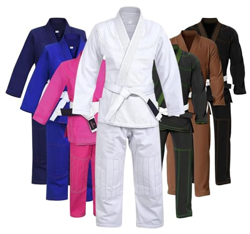 Bjj Gi, Lightweight Jiu-Jitsu Gi for Men Women and Kids with a White Belt, Preshrunk 450 GSM Fabric, White, M0000
