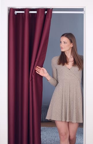 tinycurtains, Türvorhang mit Teleskopstange, einfache Montage in nur 1 Minute ohne Bohren (Türgardine beeriges rot H210 x B150 cm + Stange weiß B70-120 cm)