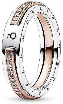 PANDORA Signature Bicolor Logo & Pavé Ring aus Sterlingsilber mit rosévergoldete Metalllegierung und Zirkonia, Gr. 54, 182773C01-54
