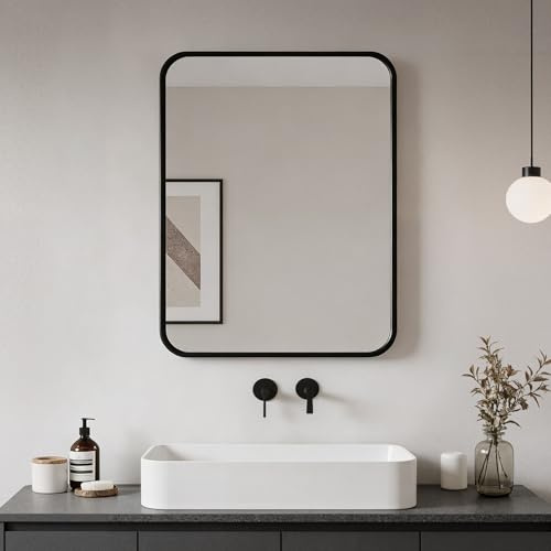 Heilmetz Bathroom Mirror 600 x 800 mm, Gloss Black Aluminium Frame | Rounded Rectangular Wall-Mounted Mirror, Portrait or Landscape Installation