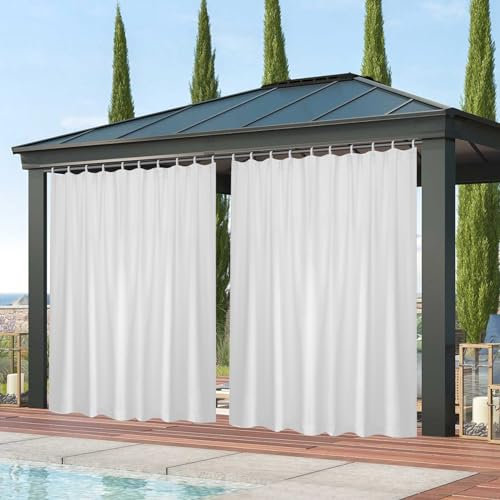 Qelus Outdoor Vorhang Wetterfest, Sonnenschutz mit Klettverschluss B254xH244cm, Outdoorvorhänge Wasserdicht für Balkon Sichtschutz Pavillon Pergola Terrasse Garten (Grauweiß)