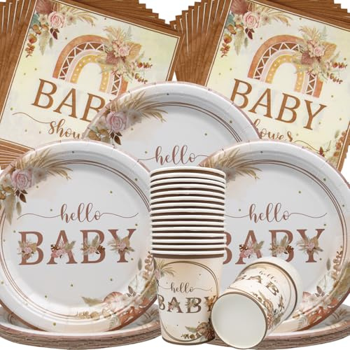 Doyomtoy Boho Baby Shower Partygeschirr,60Stück Baby Shower Papiergeschirr Set - Pappteller Papiertücher Papiertassen Für Babyshowerparty Deko,Junge Mädchen Party Partyzubehör Set (20 Gäste)