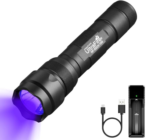 UltraFire UV Taschenlampe 365nm LED Schwarzlicht, 10W Leistungsstarkes UV Licht, Single Modus Ultraviolett Taschenlampe für Urinflecken von Haustieren, Aushärten von Harzen, Fluoreszenzdetektion
