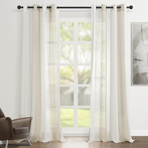 Topfinel Tende per Interni Soggiorno Camera da Letto Cameretta Bimbo Voile Semitrasparenti Righe Con Occhielli Strisce Decorativi Per Tenda Finestra Balcone Casa 2 Pannelli 140x260cm Cachi