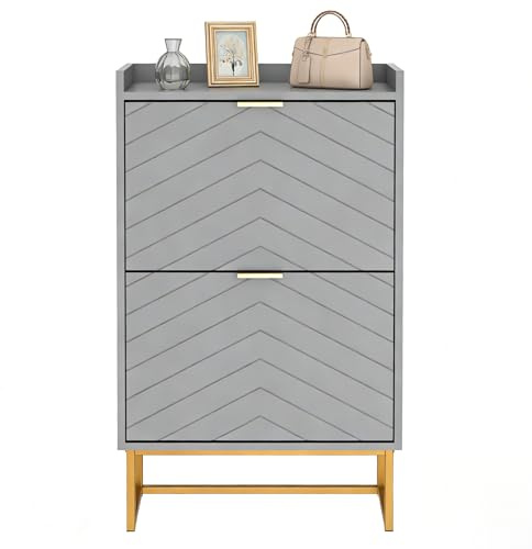 UEV Schuhschrank mit 2 Klappen Schmal, Schuhkipper 50x24x103,5cm (Grau) | Schuhkommode mit Kippschutz & Verstellbare Trennwände für Verschiedene Schuhtypen, Flurschrank für Flur Wohnzimmer