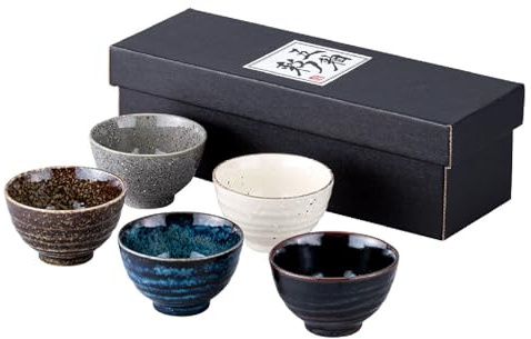Waraku Fuuka Traditionelle japanische Teeschale, handgefertigt, Grüntee, Chawan, Trinktee, Geschirr, Keramik, Set mit 5 Stück (Kura Dashi)