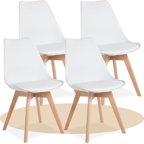 Dekohome Sillas de Comedor, Sillas de Cocina con Respaldo Ergonómico, Asiento Acolchado Tapizado y Patas de Madera Maciza de Haya (Blanco, 4 Sillas)