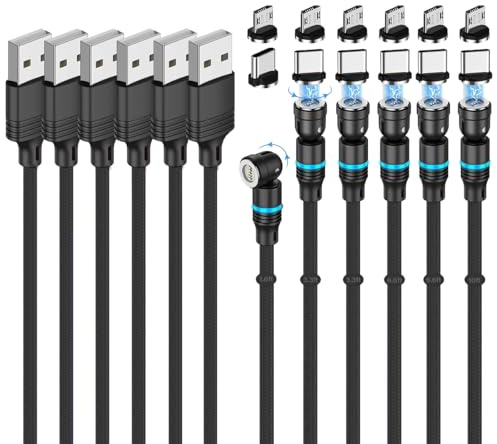 Losuesme Magnetisches Ladekabel (6 Pack 0.5m+1m+1m+2m+2m+3m), 540° Drehung magnetisches Telefonladegerät USB C Kabel 3A magnetisches Schnellladekabel mit LED Licht für Micro USB/Type C Geräte