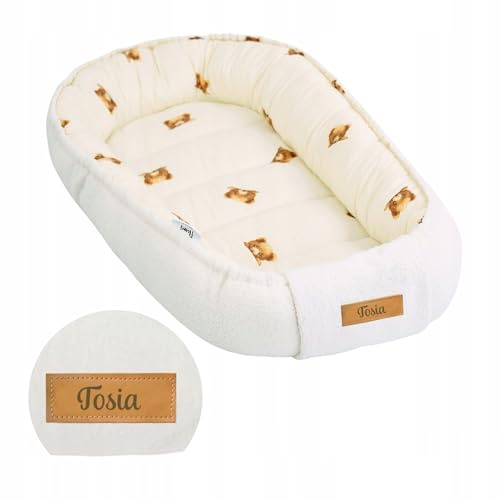 Flumi Babybo, kokong, baby, gosigt bo vändbart, av bomull och sammet, OEKO-TEX, personligt med namn, för nyfödda (krämfärgad nallebjörn)