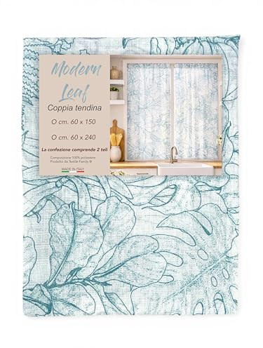 Tex family Coppia Tendine a Vetro Modern Leaf Blu Semitrasparenti in Bouclè con Tunnel per Astina – 2 Teli Made in Italy - COPPIA (2 TELI) CM. 60X150