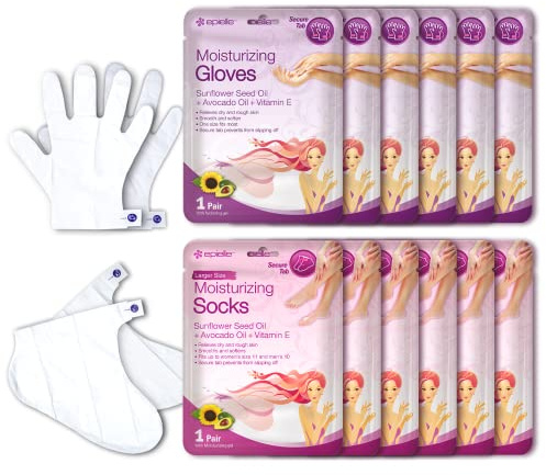 Epielle Moisturizing Hand & Foot Masks, Soften Dry Skin with Sunflower Seed Oil & Vitamin E, Self Care Gifts for Women, Spa Kit, Easter Basket Stuffers, 6 Moisturizing Gloves & 6 Moisturizing Socks