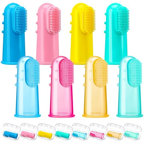 Zopeal 8 Sets Baby Finger Toothbrush Infant Toddler Training Teething Newborns Soft Silicone with 8 Boxes for Oral Habit Teething Tongue Cleaning Massaging Travel Gift Brush 0-6 and 6-12 Months