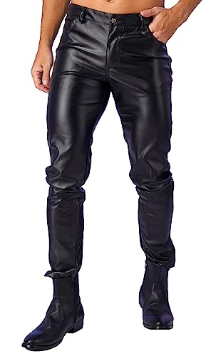 CHICTRY Mens Shiny Metallic Faux Leather Motor Biker Tight Pants Zipper Pouch Long Trousers Leggings 4# Black 34