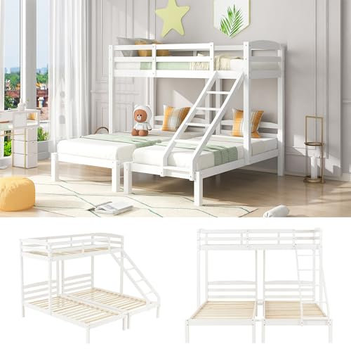 kubeier Kinderbett Hausbett 90x200 Etagenbett für 3 Kinder, Dreierbett Stockbett Hausbett, Etagenbettrahmen, Spielbett, Jugendbett, Etagenbett, ohne matratze (weiß mit treppe)