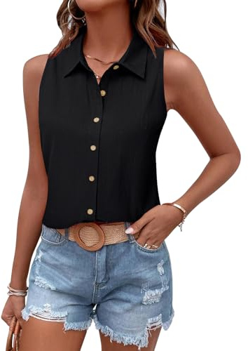 Tanmolo Damen Tank Top Sommer T Shirt Ärmellos Baumwolle Tanktops V-Ausschnitt Shirts Basic Oberteile Lässige Top Schwarz, L