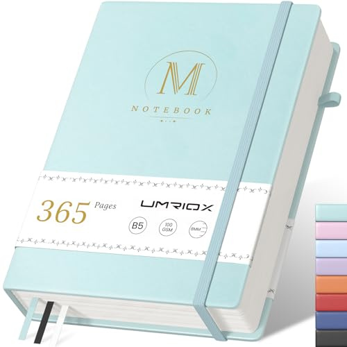 Umriox Taccuino B5 a righe, con copertina rigida spessa, in pelle, 365 pagine, 100 g/m², carta con linguette indice, il blocco note del college, adatto per scrivere e annotare, 19 x 25 cm, blu cielo