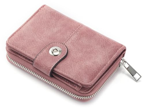 ANYWN Geldbörsen Damen mittelgroß, Portemonnaie Damen mit Kartenfächer und Großes Zipper Münzfach, RFID-blockierende Geldbeutel Frauen mit Reißverschluss und Druckknopf Rosa