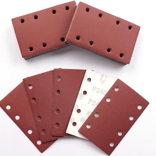 Sruhrak 50 Piezas 80x133mm Lijas para Lijadora, 240 Grano Rectangulares Papel de Lija 8 Agujeros Hojas de Lija para Rectangulares Lijadoras y Lijadora Orbital