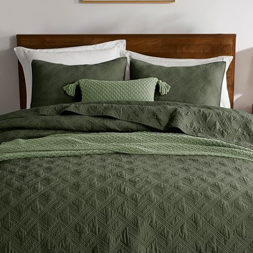 WDCOZY 100% Cotton Queen Size Quilt Set - Olive Green Pre-Washed Soft Lightweight Modern Bedspread, Farmhouse Country Rustic Coverlet, Textured Like Linen, Shabby Chic Gauze Bedding, 3 Pieces