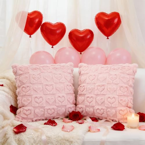 La Desire 2er-Pack Kissenbezüge 45x45 cm Weiche Plüsch-Kunstfell-Kissenbezüge Rosa Herz Dekoration Kissenbezüge für Mädchen- und Damen-Schlafzimmer- und Wohnzimmerdekoration