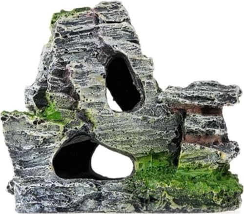 Harz Aquarium Berg Dekor mit Moos Felsen Höhle - Mehrstöckiges Gelände für Aquarium-Landschaftsgestaltung, natürlich aussehendes Steingarten-Design mit versteckter Höhle und Spalten für Garnelen