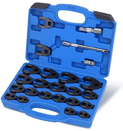 Yosoo Health Gear 24tlg Krähenfußschlüssel-Set, 8-32mm Hahnenfußschlüssel Drehmoment Gabelschlüssel Satz, CR-MO-Stahl Maulschlüssel Set 1/2 3/8 Außenvierkantantrieb mit 2 Verlängerungsstangen