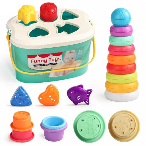 Fajiabao Juguetes Montessori Bebé 6-12 Meses, Set 3 en 1 con Vasos Apilables, Torre Arcoíris y Clasificador de Formas 20 Piezas, Juguete Sensorial y de Baño para 1 Año, Sin BPA, TPE y PP