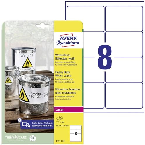 AVERY Zweckform L4715-20 Wetterfeste Etiketten, wasserfest, 99,1x67,7mm | 160 Aufkleber, Folienetiketten, Outdoor Klebefolie, extrem stark selbstklebend, strapazierfähig, 20 Blatt, weiß