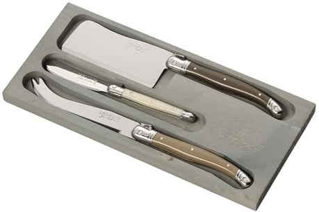 Jean Dubost Laguiole 3-Piece Cheese Knife Set, Linen Handles - Rust-Resistant Stainless Steel - Includes Wooden Tray - Made in France