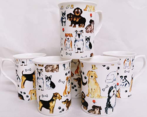 Dogs Collage Mugs Set of 6 Fine Bone China Multicolour Dog Cups Hand Decorated in UK